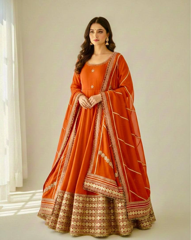 Rust Chinon Silk Anarkali Gown With Sequence Embroidery & Dupatta