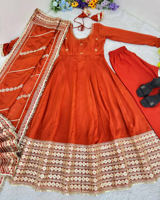 Rust Chinon Silk Anarkali Gown With Sequence Embroidery & Dupatta