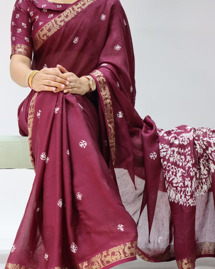 Elegant Luxurious Mull Silk Jacquard Saree with Shibori Print and Woven Border, Lightweight Drape