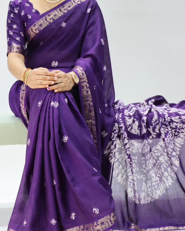Elegant Luxurious Mull Silk Jacquard Saree with Shibori Print and Woven Border, Lightweight Drape