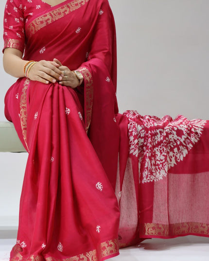 Elegant Luxurious Mull Silk Jacquard Saree with Shibori Print and Woven Border, Lightweight Drape