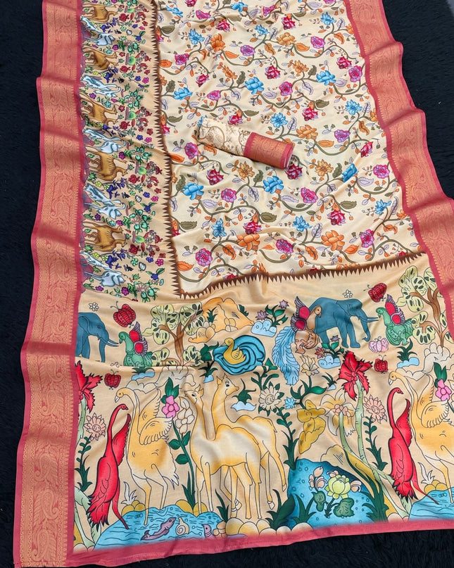 Premium Soft Dola Silk Saree with Printed Design and Elegant Weaving Border