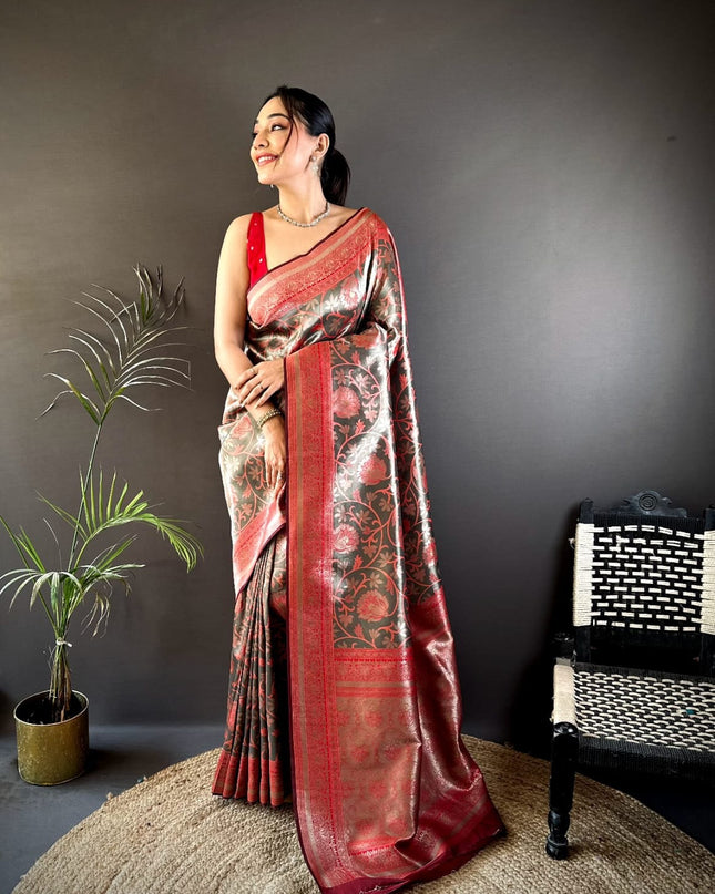 Affordable Luxury Soft Silk Saree with Ikkat Zari Weaving, Minakari Work and Contrast Border