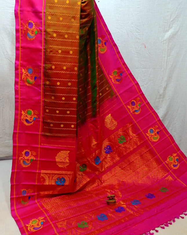 Premium Bridal Handmade Gadwal Paithani Pure Silk Saree with Fancy Pallu, All-Over Butta and Contrast Blouse