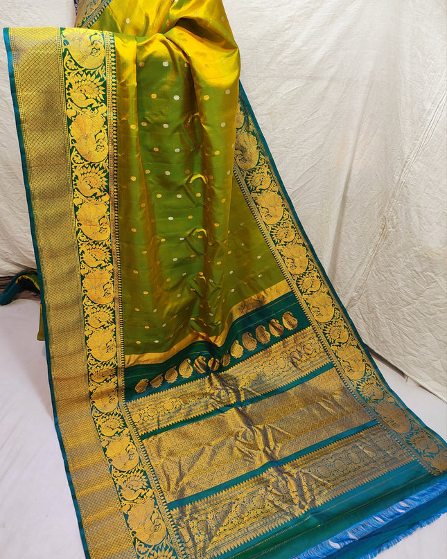 Premium Bridal Handmade Gadwal Paithani Pure Silk Saree with Fancy Pallu, All-Over Butta and Contrast Blouse