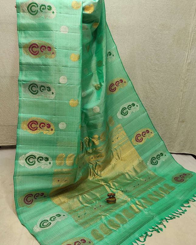 Premium Bridal Handmade Gadwal Paithani Pure Silk Saree with Fancy Pallu, All-Over Butta and Contrast Blouse