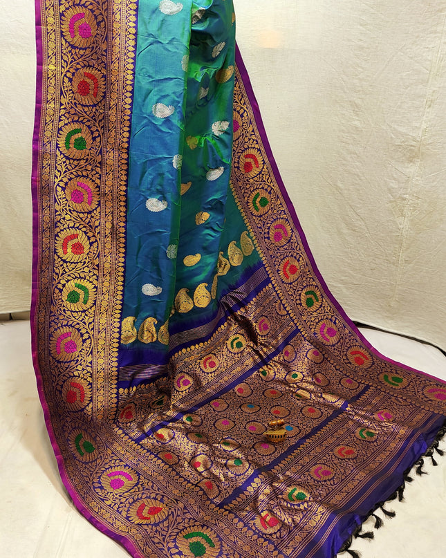 Premium Bridal Handmade Gadwal Paithani Pure Silk Saree with Fancy Pallu, All-Over Butta and Contrast Blouse