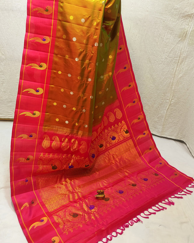 Premium Bridal Handmade Gadwal Paithani Pure Silk Saree with Fancy Pallu, All-Over Butta and Contrast Blouse
