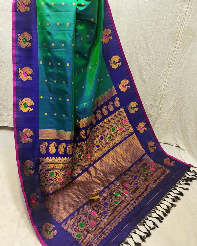 Premium Bridal Handmade Gadwal Paithani Pure Silk Saree with Fancy Pallu, All-Over Butta and Contrast Blouse