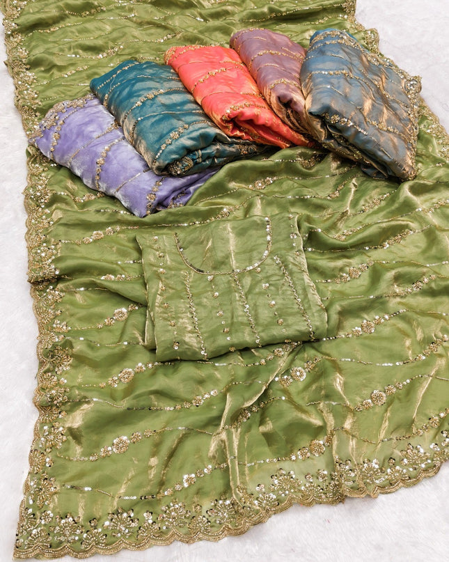 Affordable Luxury Soft Luxe Silk Gold Beads Work and Cutwork Border Saree With Heavy Worked Fancy Blouse Piece