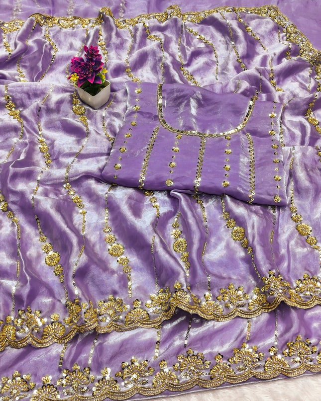 Affordable Luxury Soft Luxe Silk Gold Beads Work and Cutwork Border Saree With Heavy Worked Fancy Blouse Piece