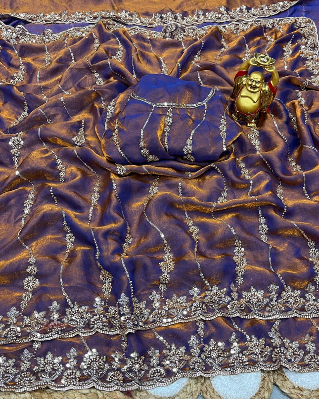 Affordable Luxury Soft Luxe Silk Gold Beads Work and Cutwork Border Saree With Heavy Worked Fancy Blouse Piece