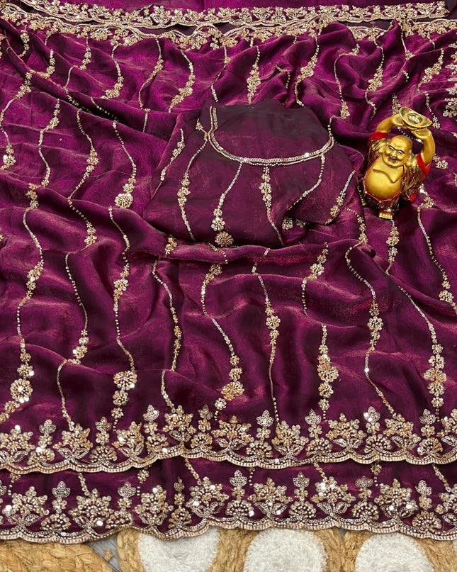 Affordable Luxury Soft Luxe Silk Gold Beads Work and Cutwork Border Saree With Heavy Worked Fancy Blouse Piece