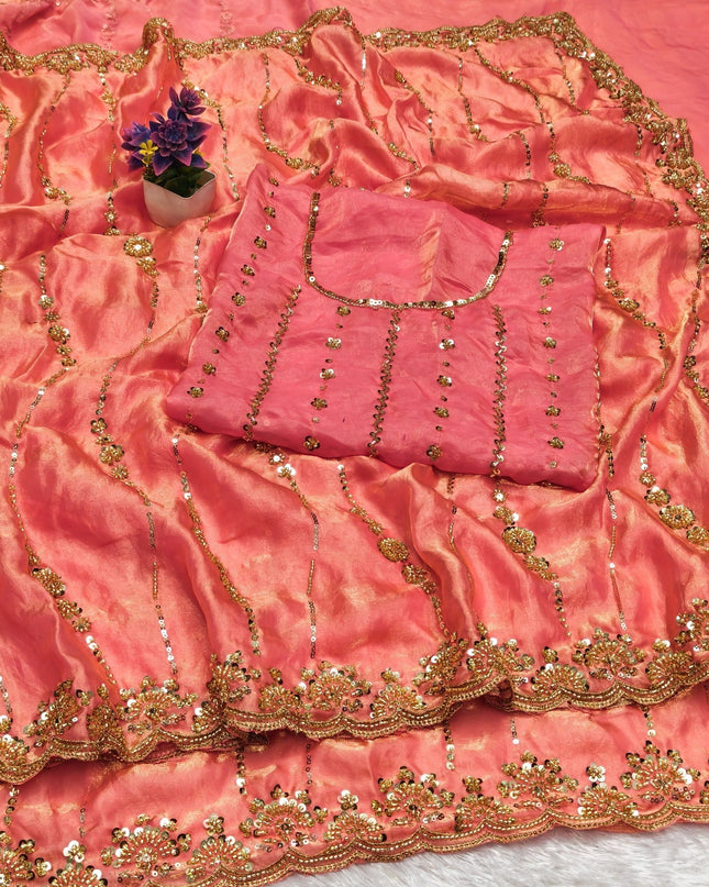 Affordable Luxury Soft Luxe Silk Gold Beads Work and Cutwork Border Saree With Heavy Worked Fancy Blouse Piece