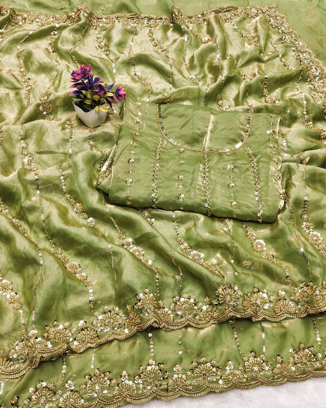 Affordable Luxury Soft Luxe Silk Gold Beads Work and Cutwork Border Saree With Heavy Worked Fancy Blouse Piece