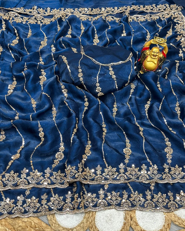 Affordable Luxury Soft Luxe Silk Gold Beads Work and Cutwork Border Saree With Heavy Worked Fancy Blouse Piece