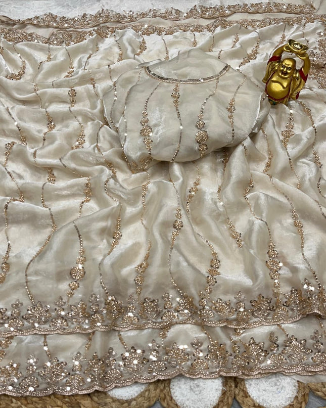 Affordable Luxury Soft Luxe Silk Gold Beads Work and Cutwork Border Saree With Heavy Worked Fancy Blouse Piece