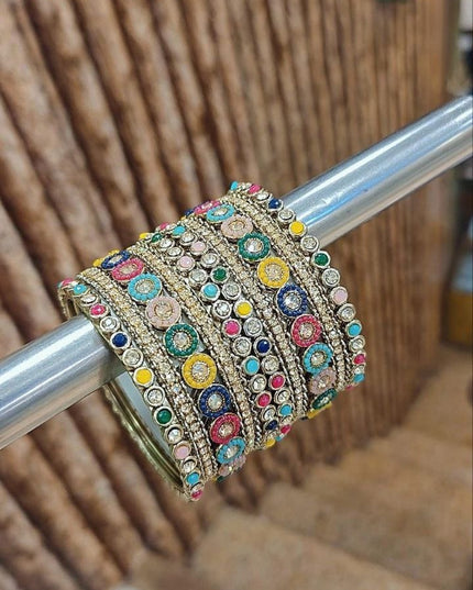 Artisanal Stone Set Bangles with Kundan Work Handcrafted Festive and Wedding Jewelry
