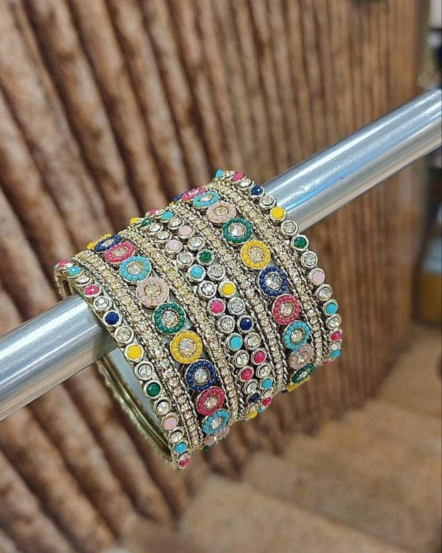 Artisanal Stone Set Bangles with Kundan Work Handcrafted Festive and Wedding Jewelry