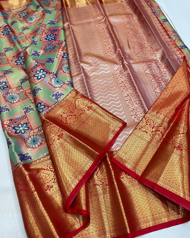 Affordable Luxury Kanchipuram Soft Silk Bridal 4 Cards Tissue Silk Saree