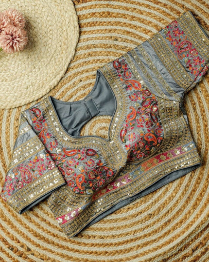 Beautiful Multi Work Elichi Silk Sequence Ready To wear Blouse