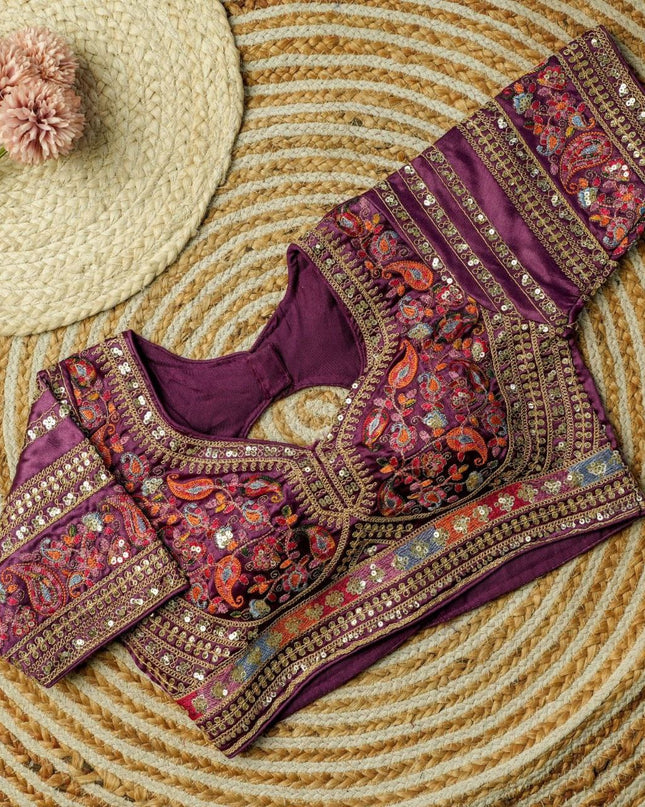 Beautiful Multi Work Elichi Silk Sequence Ready To wear Blouse