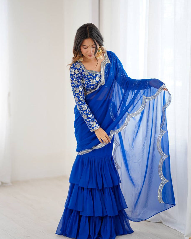 Elegant Embroidered Ruffle Saree with Blouse Piece