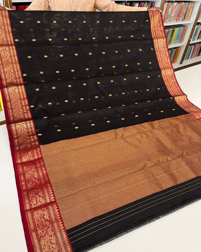 Pure Chanderi Katan Silk Saree with Golden Zari Weave and Nakshi Border