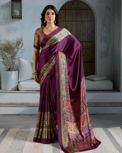 Pure Ajrakh Modal Satin Saree with Printed Motifs & Designer Blouse