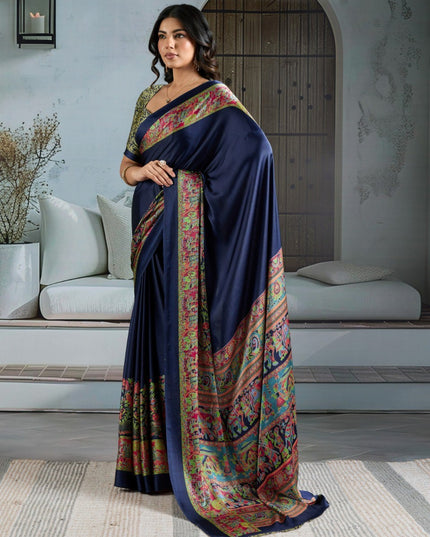 Pure Ajrakh Modal Satin Saree with Printed Motifs & Designer Blouse
