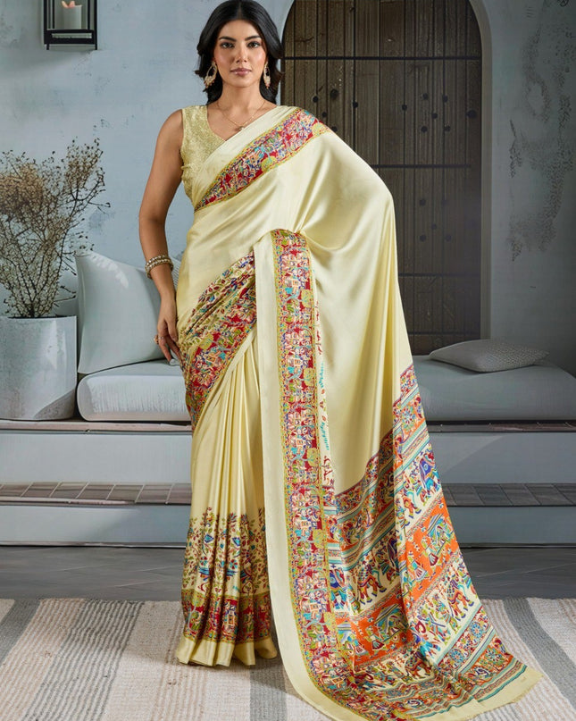 Pure Ajrakh Modal Satin Saree with Printed Motifs & Designer Blouse