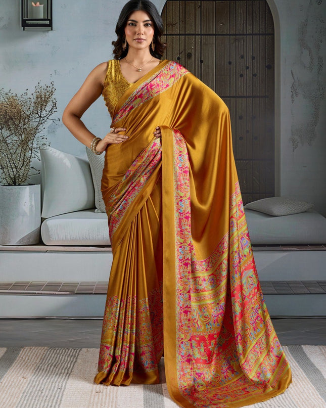 Pure Ajrakh Modal Satin Saree with Printed Motifs & Designer Blouse