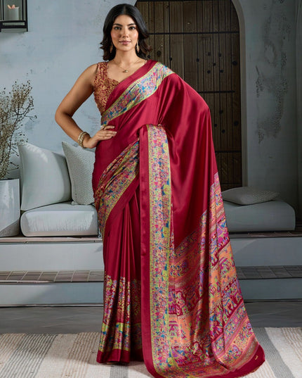 Pure Ajrakh Modal Satin Saree with Printed Motifs & Designer Blouse