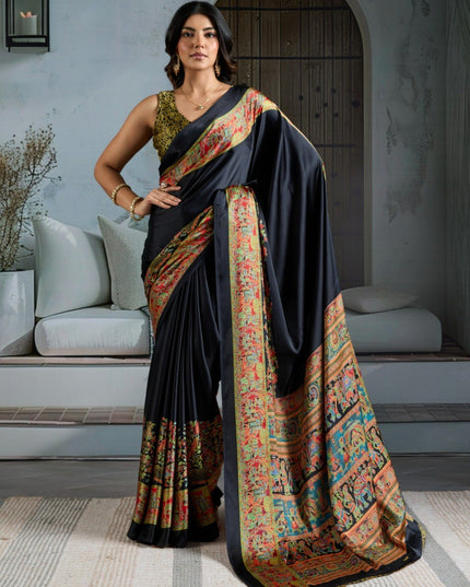 Pure Ajrakh Modal Satin Saree with Printed Motifs & Designer Blouse