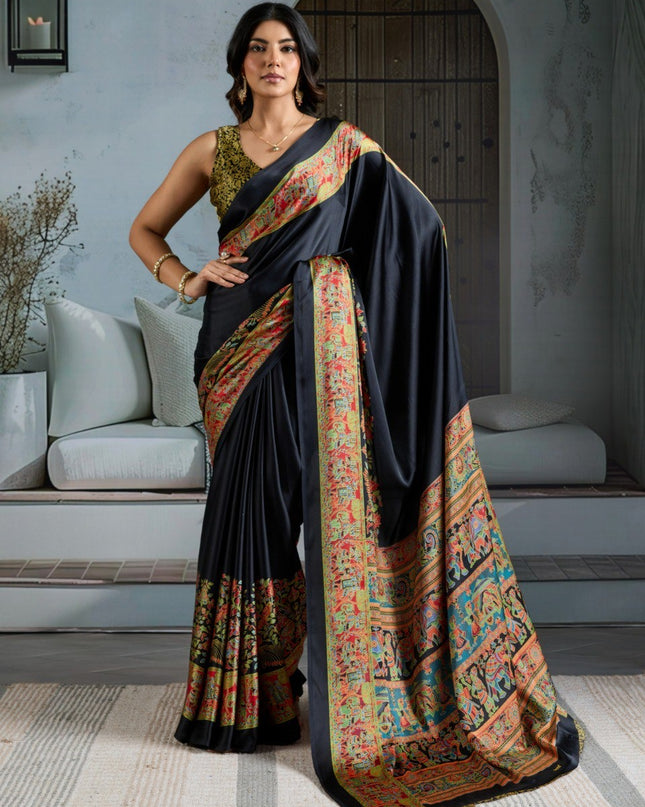 Pure Ajrakh Modal Satin Saree with Printed Motifs & Designer Blouse