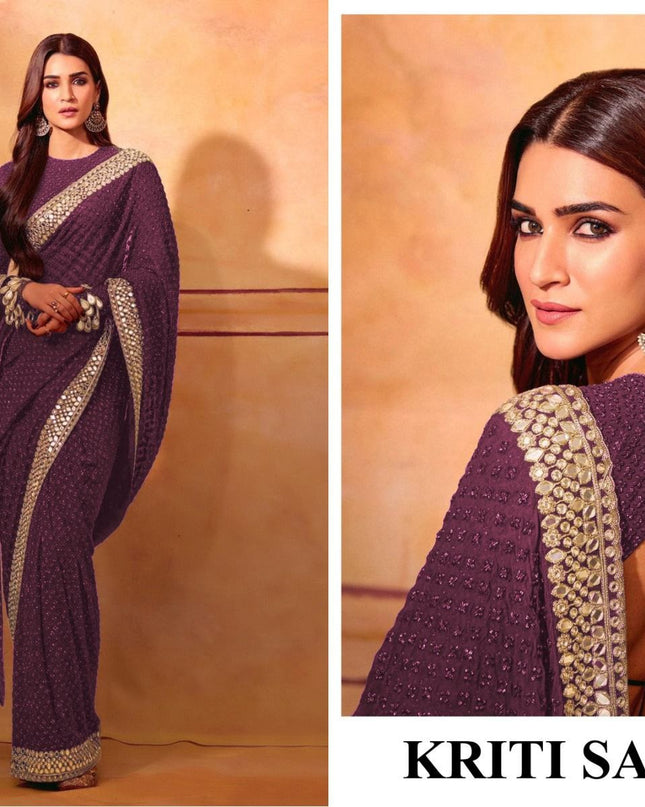 PURE BLOOMING GEORGETTE JARI EMBROIDERY SAREE WITH HEAVY DIAMOND AND MIRROR WORK