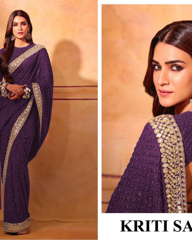 PURE BLOOMING GEORGETTE JARI EMBROIDERY SAREE WITH HEAVY DIAMOND AND MIRROR WORK