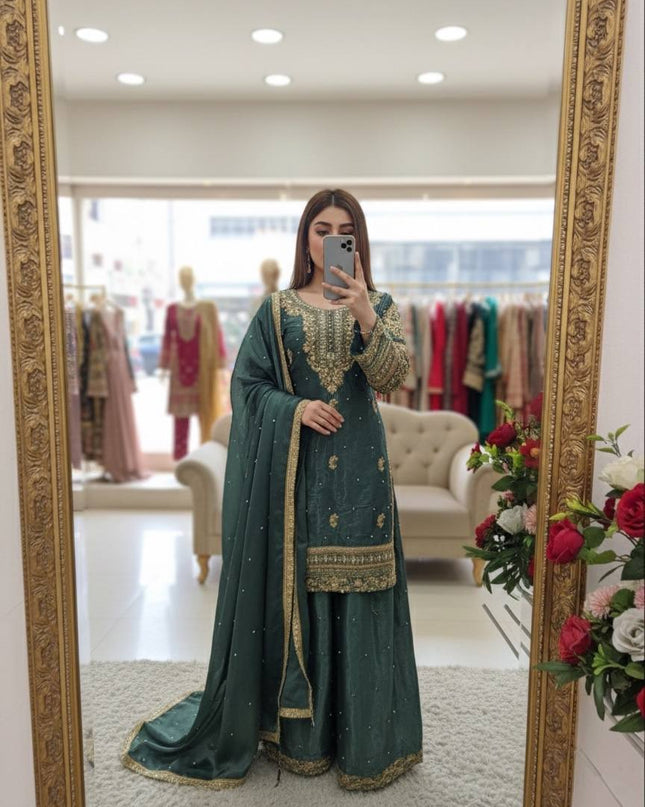 Designer Party Wear Pure GMY Silk Top Palazzo & Dupatta Set