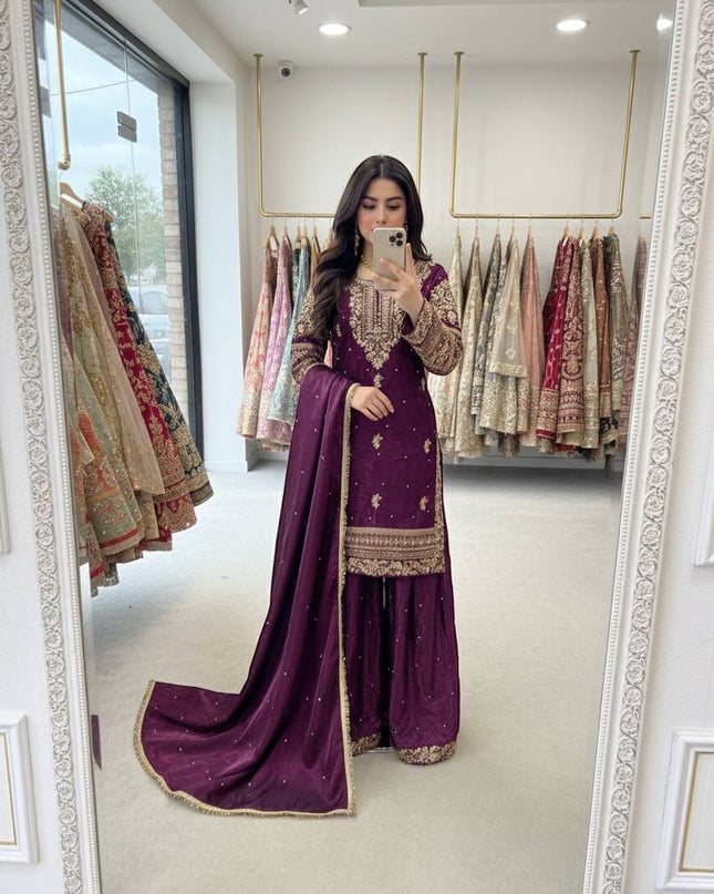 Designer Party Wear Pure GMY Silk Top Palazzo & Dupatta Set