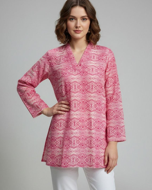 Pink patterned long-sleeve short kurti 