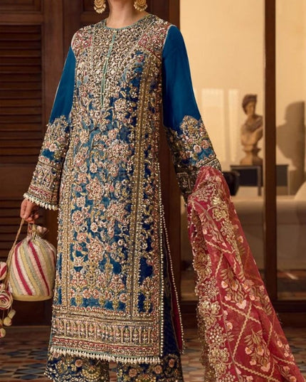 Blue Designer Heavy Georgette Embroidered Salwar Suit with Hand Moti & Mirror Work