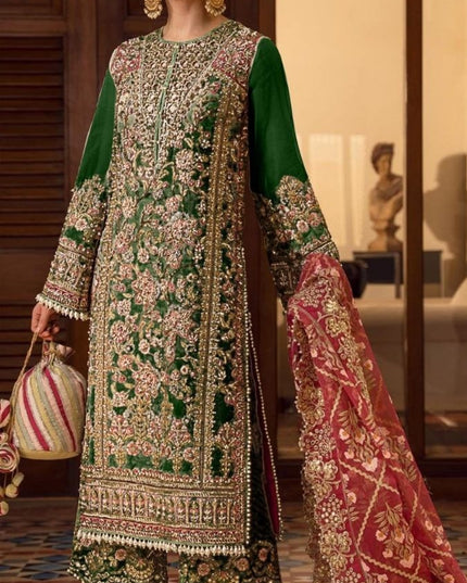 Green Designer Heavy Georgette Embroidered Salwar Suit with Hand Moti & Mirror Work