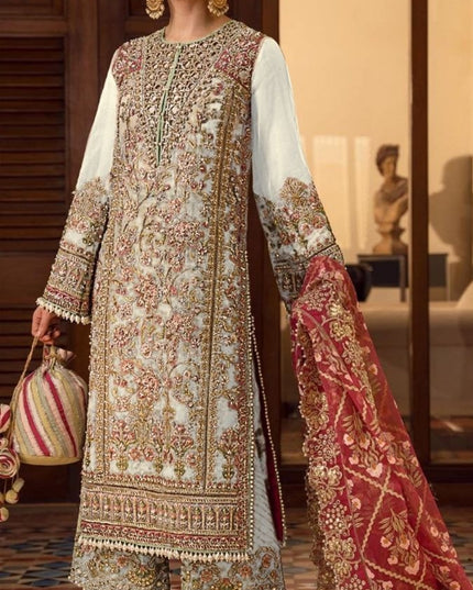 White Designer Heavy Georgette Embroidered Salwar Suit with Hand Moti & Mirror Work