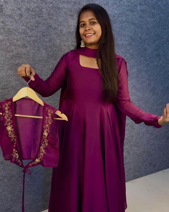 Premium Rangoli Silk Gown with Handwork Overcoat | 3-in-1 Party Wear Set