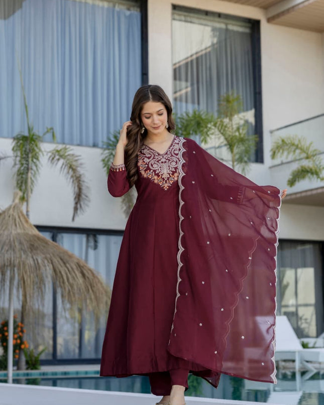 Wine Anarkali Gown Pure Viscose Chinon with Embroidery Sequence Work