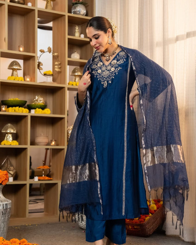 3 Piece Anarkali Gown Pure Satori Silk with Embroidery Sequence Work