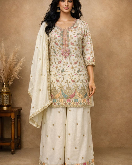 Cream Readymade Kurta Palazzo Set Heavy Airtex Chinnon with Embroidery Sequence Work