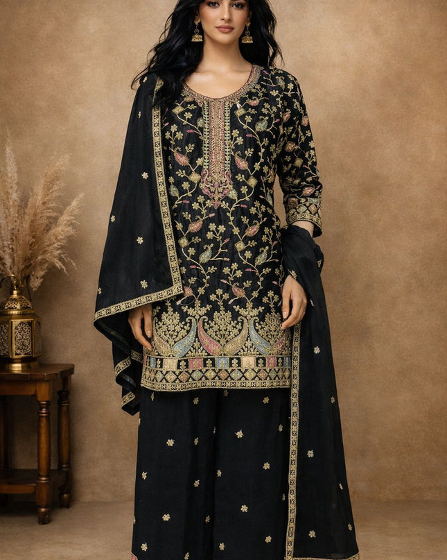 Black Readymade Kurta Palazzo Set Heavy Airtex Chinnon with Embroidery Sequence Work