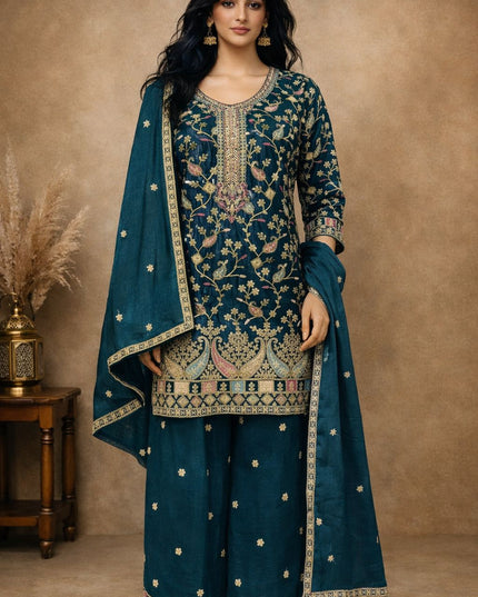 Teal Readymade Kurta Palazzo Set Heavy Airtex Chinnon with Embroidery Sequence Work