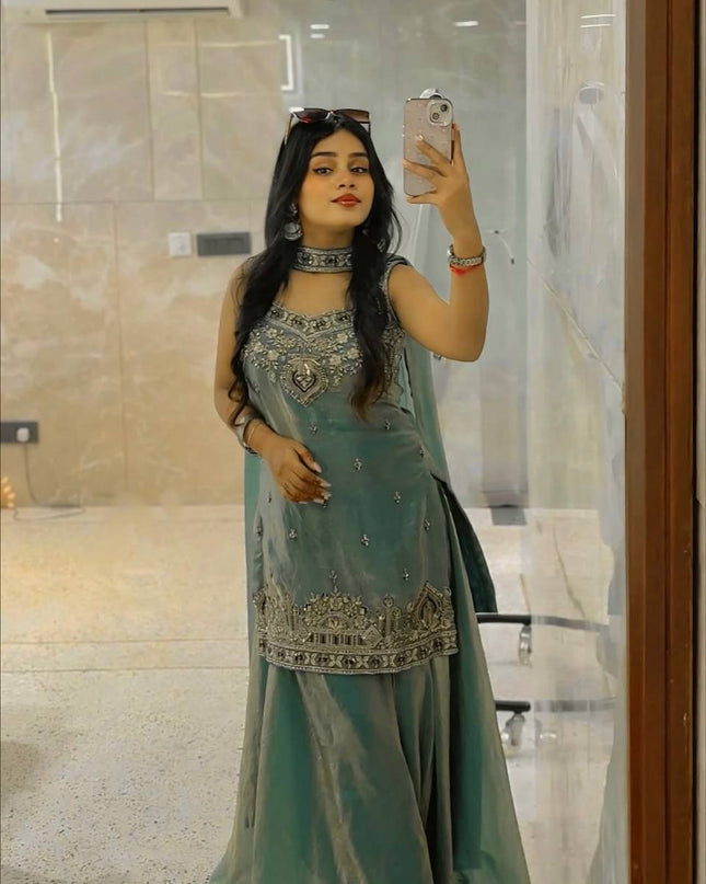 Designer Party Wear Heavy Two Tone Fancy Silk Sharara Set